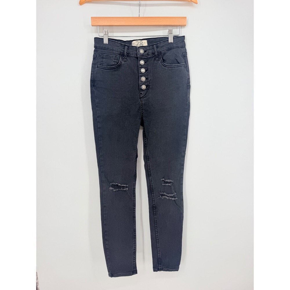 Free People Jeans 28 Black We The Free Button Fly Skinny Distressed Grunge Boho